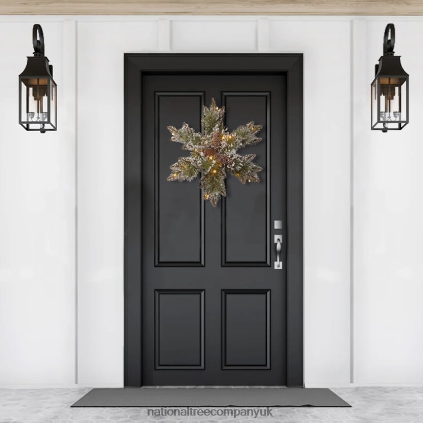 Greenery | National Tree Company Pre-Lit Artificial Christmas Hanging Snowflake Green Glittery Bristle Pine Decorated with Pine Cones Frosted Branches Christmas Collection 18 Inches F2L4F444